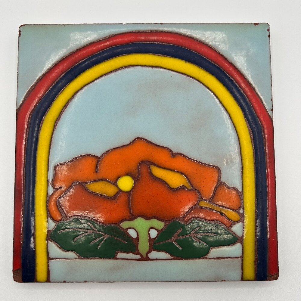 Vtg Murray Quarries MCM Glazed Terracotta Tile Trivet Rainbow Flower Retro USA